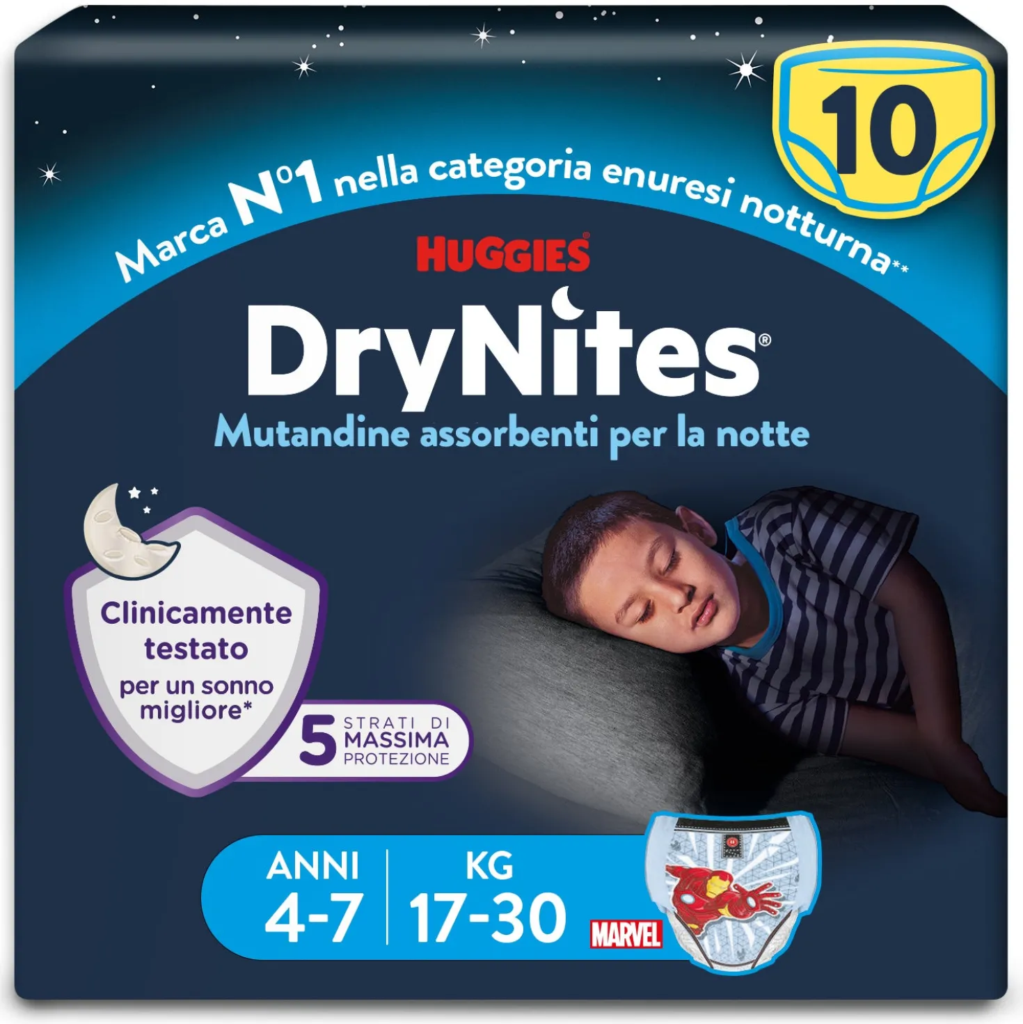 Mutandine Assorbenti Drynites Boy 4/7anni 17/30 Kg: Confezione 10 Pz