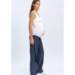 Pantaloni Premaman Denim Blu a Gamba Larga